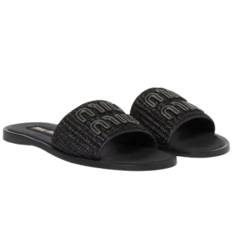 Miu Miu Woven Raffia Slide 'Black'